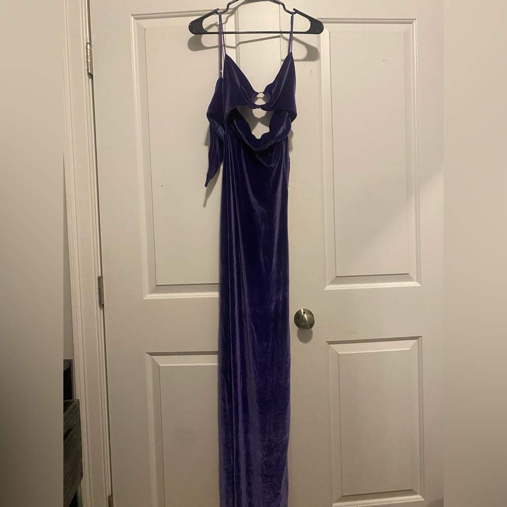 Velvet purple maxi dress with a slit